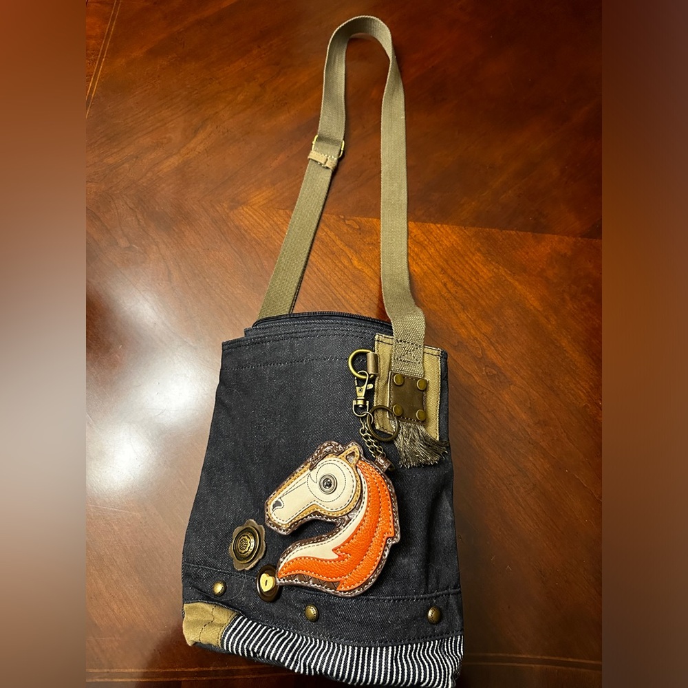 Chaka denim canvas crossbody with key chain horse